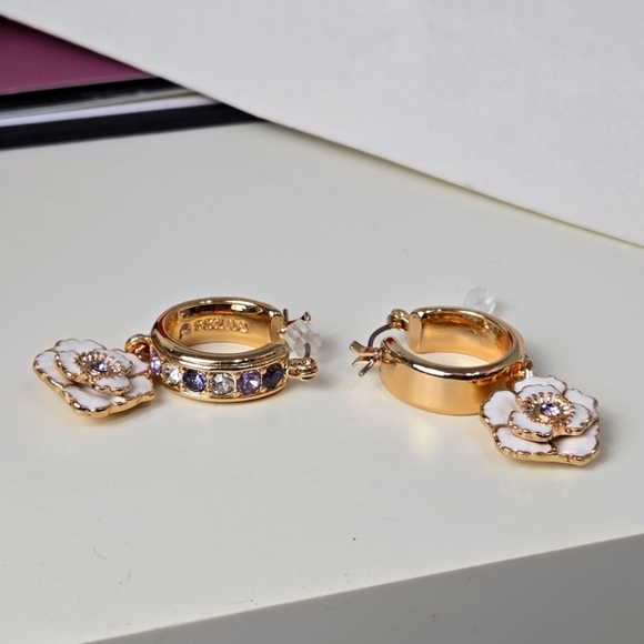 Guess Elegant Gold Tone Tan Enamel Purple Stones  Floral Hoop Earrings - Picture 3 of 16
